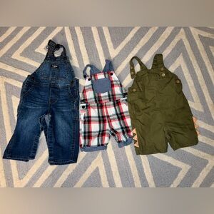 Kids Denim, Plaid, and Olive Overalls Set